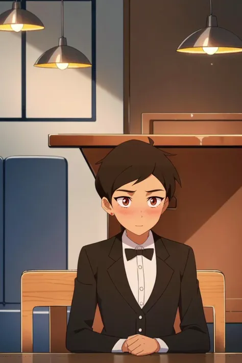 masterpiece, best quality, mawsloislane, (solo, female focus, 1girl:1.05), blushing, solo, tanned, brown hair, short hair, upper body, wearing a black suit, bowtie, (petite, small breasts:1.1), indoors, fancy restaurant background, sitting, mahogany wood table, mahogany wood chair, lamps, (dim lighting, atmospheric lighting:1.1), (detailed background:1.1), <lora:LoisLane:0.9>