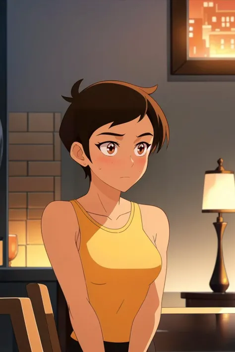 masterpiece, best quality, mawsloislane, (solo, female focus, 1girl:1.05), blushing, solo, tanned, brown hair, short hair, upper body, wearing a halter top, (petite, small breasts:1.1), indoors, fancy restaurant background, sitting, mahogany wood table, mahogany wood chair, (candles:0.8), (window:0.8), (dim lighting, atmospheric lighting:1.1), (detailed background:1.1), <lora:LoisLane:0.9>