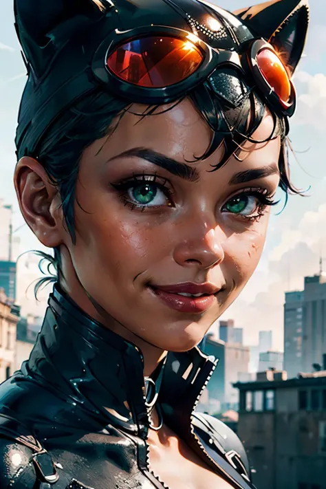catwoman, short black hair, goggles on head, cat ears, make up, green eyes, bodysuit, cleavage, looking at viewer, smiling, close up portrait, outside, blue sky, extreme detail, masterpiece, <lora:CARTOON_DC_catwoman_comic_ownwaifu:.7>