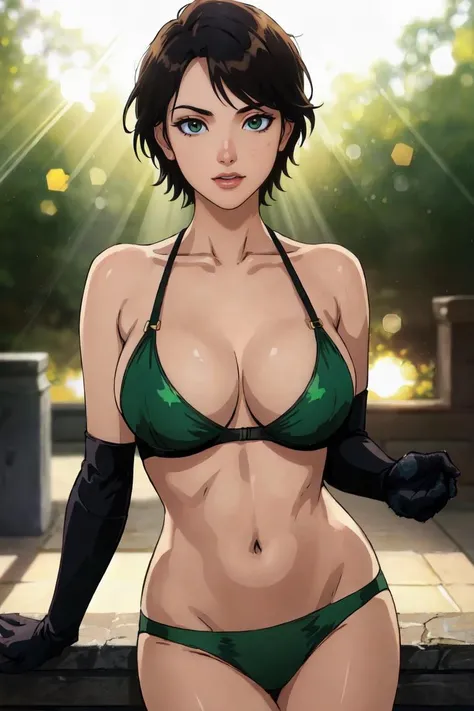 masterpiece, best quality,
DC_catwoman_comic_shorthair, www.ownwaifu.com,
breasts, short hair, black hair, large breasts, lipstick, makeup, green eyes, navel,
earrings, jewelry, underwear, cleavage, gloves, bikini, bare shoulders,
<lora:CARTOON_DC_catwoman_comic_ownwaifu-15:0.5> , (extremely detailed fine touch:1.2), (natural light, sun light, light rays, dappled light, ray tracing:1.2), masterpiece, best quality, highly quality ,official art, 8K, highres, (absurdres:1.2), (bokeh:1.2),