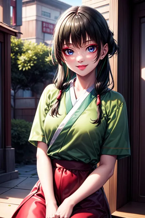best quality, masterpiece, 1girl, (solo:1.1), raytracing, ultra detailed,detailed face, 8k wallpaper, <lora:more_details:0.5>, smile, MaoMao_NDV, 1girl, (green hair:1.1), medium breasts, long hair, purple-blue eyes, japenese clothes, <lora:MaoMao_NDV:0.7>, outdoor, red skirt, portrait, dress, (makeup:1.3)