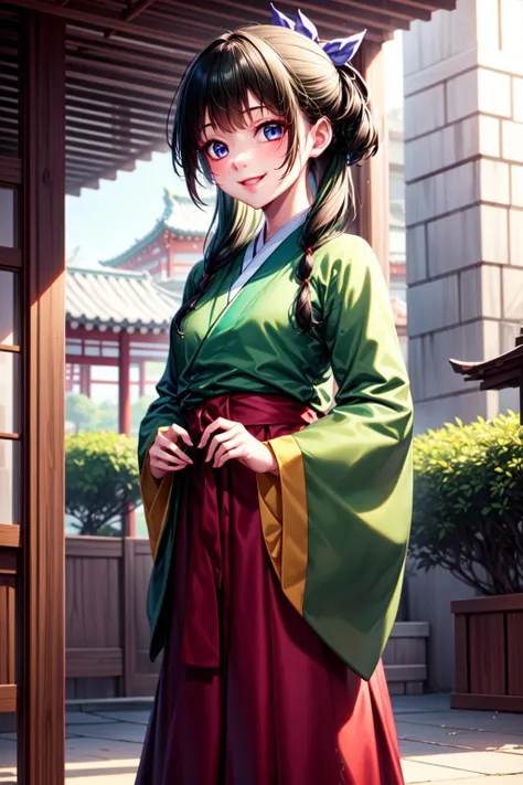 obra-prima, melhor qualidade, highres, 1girl, solo, cabelo preto, faixa de cabelo, cinto, cabelo curto, vestido, olhos azuis, coque de cabelo, faixa de cabelo verde, cego, roupas chinesas sexy, coque de cabelo, vestido verde, decote,mangas curtas, pelvis curtain, parque, corrida, peito pontudo, decote
super decote