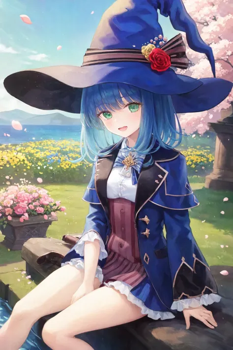 masterpiece, best quality, sharon, 1girl, witch hat, blue hat, blue robe, smile, brooch, blue ribbon, small dress, white dress, blue bow, green eyes, loose sleeve, portrait, blue hair, (short hair:0.7), flower garden, bare legs, sitting on rocks, flower field, spread legs, open mouth, upper teeth, cherry blossoms,