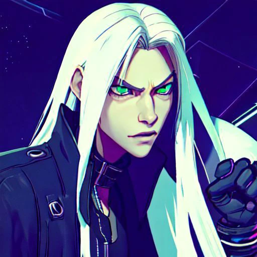 full body portrait, short puffy cyberpunk jacket with oversized zippers and high collar, magnificent long flowing white hair with long bangs, 1boy, highly detailed facial close up, flat chest, androgynous, beautiful feminine facial features, dark eyeliner, narrow scowling green eyes, sephiroth from final fantasy 7 wearing black leather straps across chest, skin-tight black pants, two large black sword belts, heavy black combat boots, streetwear, looking straight ahead, Cyberpunk_Anime, ghibli style, arcane style, CyberpunkWorld, nomura tetsuya, KatanaTwoHands, dark luminous vaporwave palette, emphasis on lighting and shadows, hauntingly beautiful illustrations, minimalist portraits, queercore, dark academia, magewave, dark, Simon bisley , frank frazetta, Tank-Girl style, verism style, neolight, ff7r style, 2077v, neon jacket collar, caza, sks artstyle, clone-tube