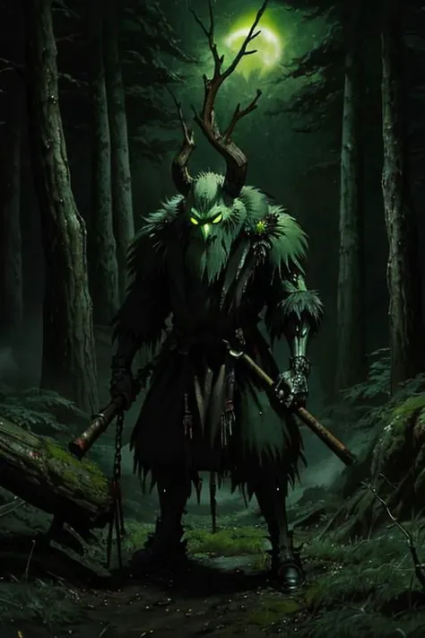 Ominous green glow, Super high definition, heavy metal krampus with green glowing eyes, carrying a satchel of gnarled birch branches, dragging rusty chains, stalking through an Neo-Tokyo, cyberpunk, ghibli style