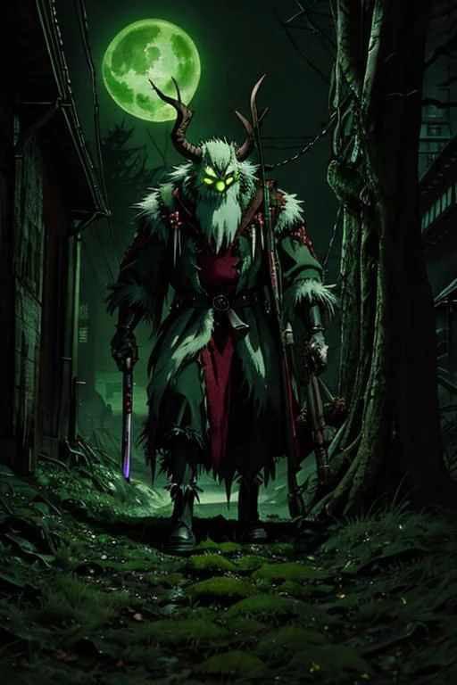 Ominous green glow, Super high definition, heavy metal krampus with green glowing eyes, carrying a satchel of gnarled birch branches, dragging rusty chains, stalking through an Neo-Tokyo, cyberpunk, ghibli style