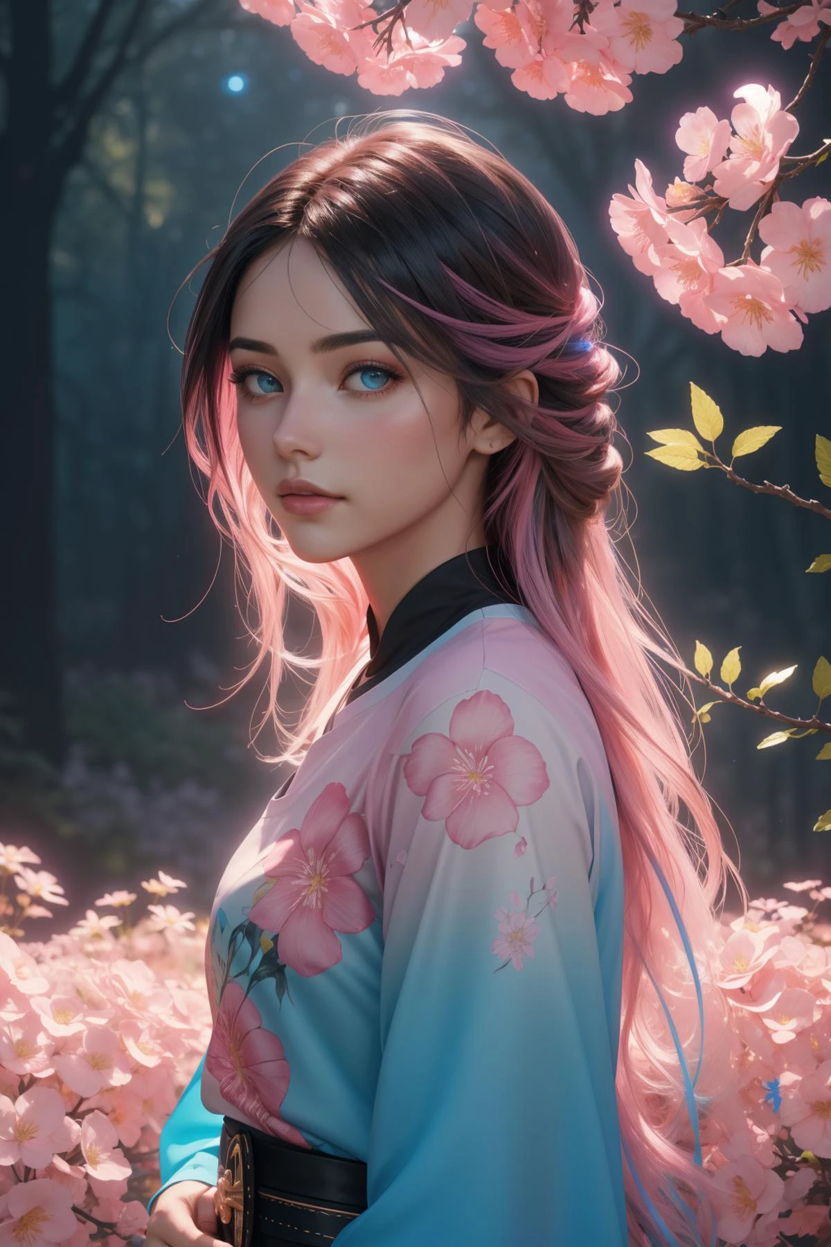 1girl, fantasy Renderman, professional Airbrush painting, colorful Unity Engine, masterpiece, upper body shot of a ("The Saint of Resonance":1.3) , it is very Charred and Warlike, Rule of Thirds, dark pink blossoms with Ash, Foggy, Very wide view, Screen print, Frightening, hyper detailed, Hispanicore, broad lighting, telephoto lens, fluorescent blue and Rainbow neon hue, Floral motives, triadic, artstation, UHD, (landscape art by Stephan Martinière:1.0) , (Edward Robert Hughes:1.0) , (Briana Mora:0.7)