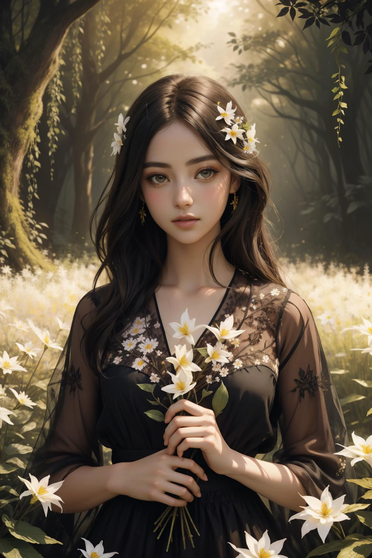 1girl, (by Frederick Carl Frieseke:0.7) , impressionism art, vibrant Herbarium of an intricate background, Verdant Creepy ([Otter:vanilla:2]:1.3) , summer background, desolate flowers with Moss, Smoky Conditions, deep focus, Detailed illustration, Romantic, Fairy-Tale, Black lighting, 35mm, Amaro, Soutache, key visual, extremely detailed CG Unity 8k wallpaper, Pixabay