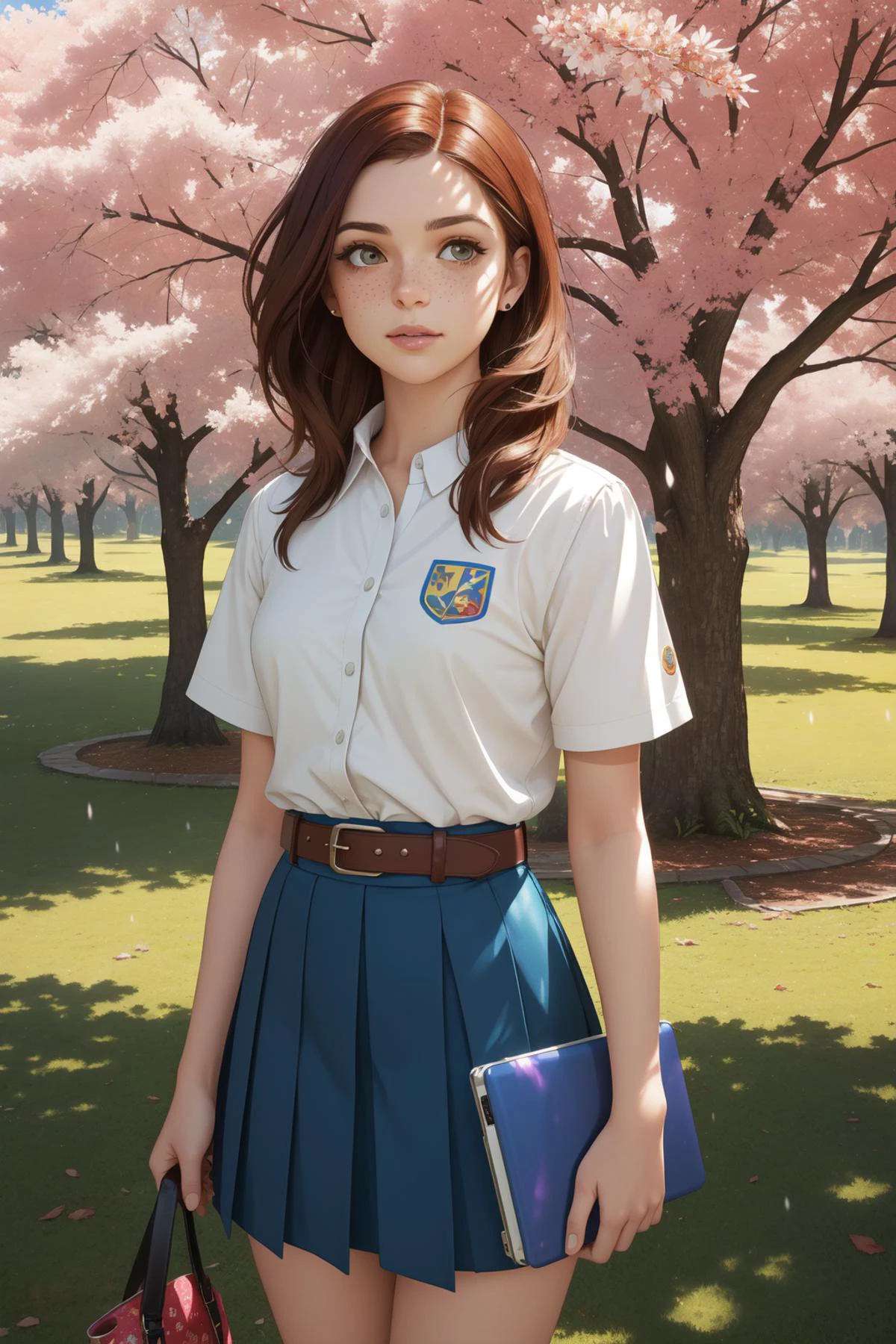 1girl, vibrant Color splash, behance, modelshoot style shot of a Thought-Provoking Disheartened short South-American (Parent of Dismal:1.3) , she is holding a Laptop, she is feeling very smug, the Parent is Jumping, chin of Anna Kendrick, lips of Maisie Williams, she is wearing her Arcadian Realism fashion style School Uniform, the Parent has [Desolate:Ruthless:3] hair, she has a Plain Aborigine Colorful Trinkets, Belts, warm trees with Orchard, Raining, in focus, Regret, Astropunk, spotlit, pinhole lens, Infrared, dynamic composition, Complex background, freckles, natural skin tones, extremely detailed CG Unity 8k wallpaper, award winning, (designed by Guido Crepax:0.9) , emotive