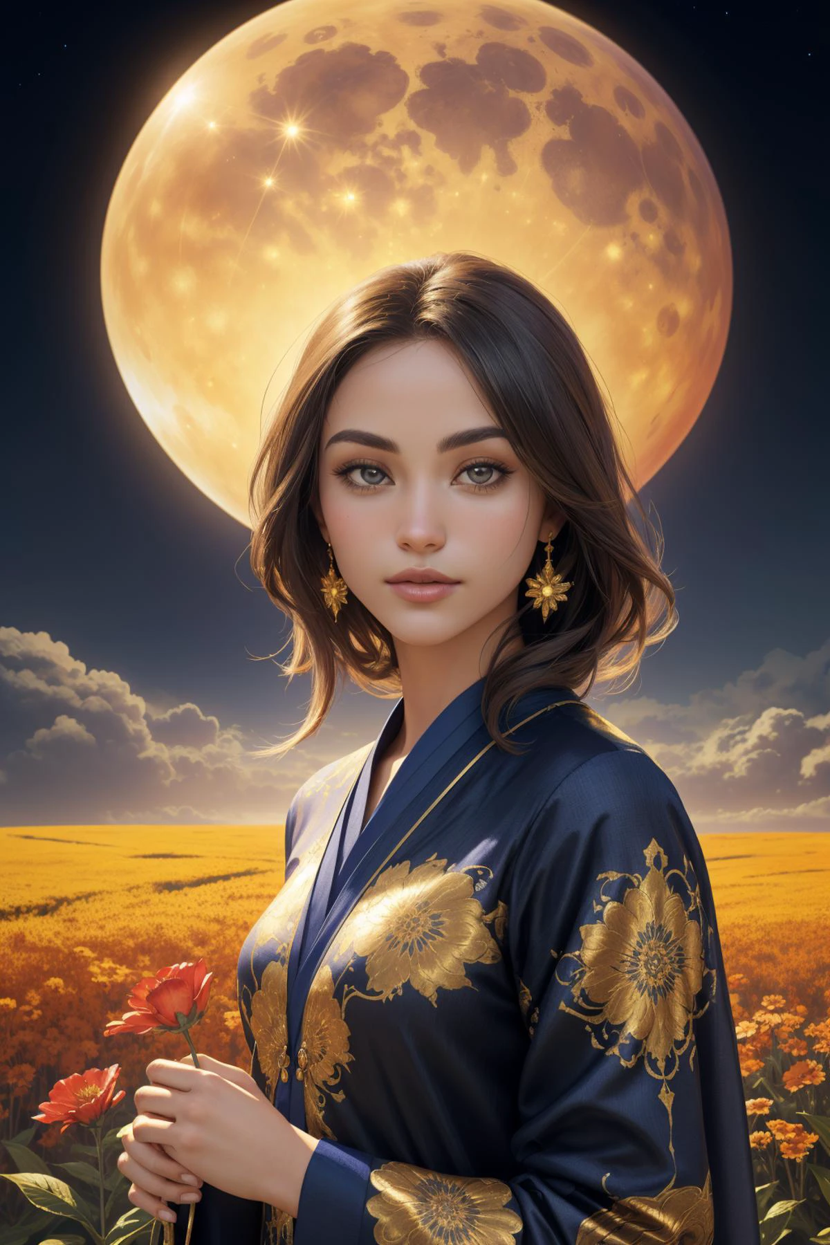 1girl, (fantasy art by Clyde Caldwell:1.3) and (Francis Newton Souza:1.0) and (André Kertész:1.0) and (Ihor Podolchak:0.9) , masterwork Ornament of a highly detailed, Cartooncore Despicable ([Condor|Katniss Everdeen]:1.3) , near [Flaming|Monstrous] Paradise, lush flower field and Planet Mercury in background, Foggy conditions, Panorama, Zen, Shock Art, side light, Depth of field 100mm, Single Color, deep indigo paint splotches, Gilded, Highres, High quality