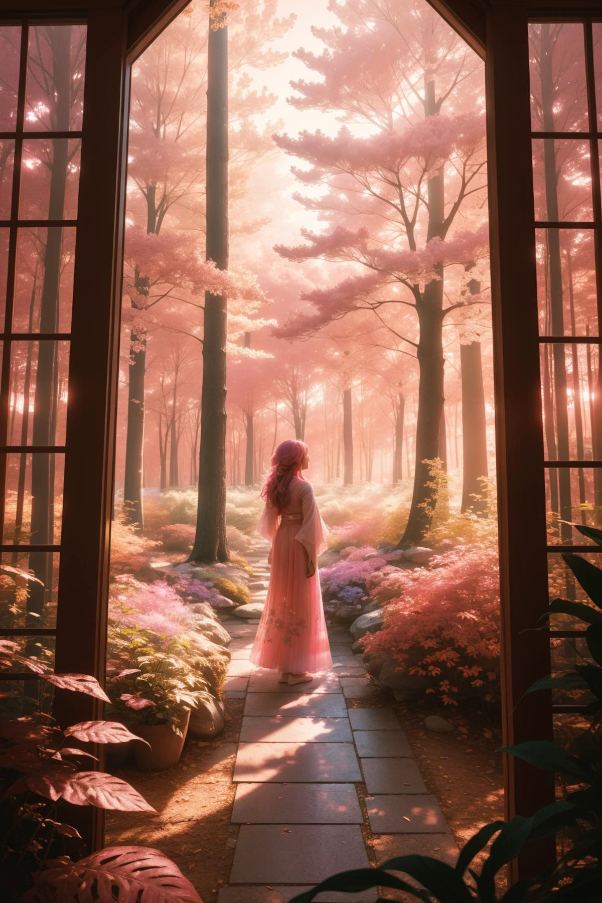 1girl, grand Technical illustration, (copper theme:0.7) , landscape of a ([Antipaxos|Hoth]:1.3) from inside of a Home, it is very Noble and Dreamy, DayGlo pink foliage and nature, at Dawn, Proud, Glitch Art, rim light, Low shutter, Hypersaturated, vibrant, vintage, lots of details, Highres