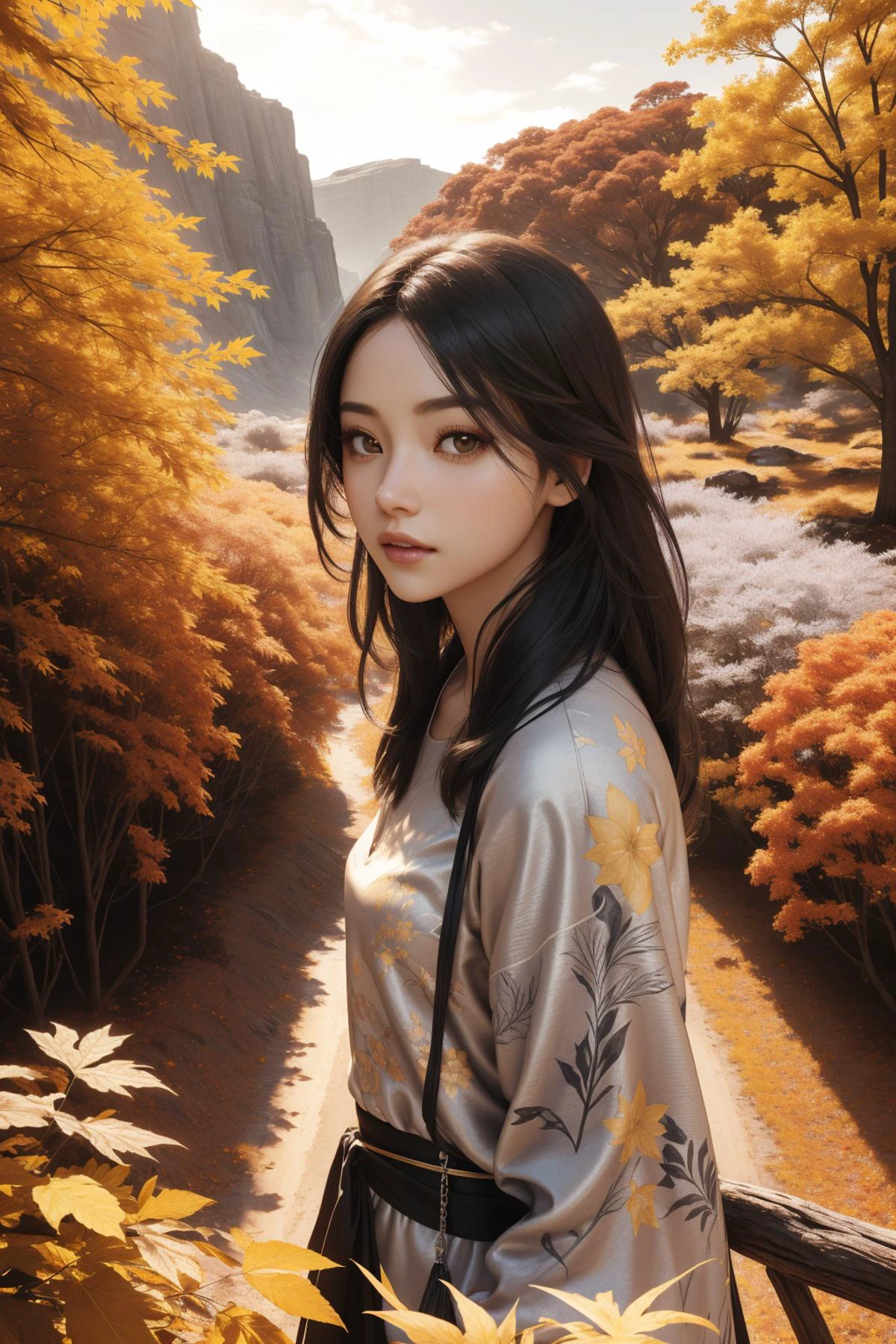 1girl, professional On pale black paper, intricate background, aerial shot of a Zany [Grumpy:Unsightly:12] ("Terra Nova":1.3) , simple Yellow and Silver background, autumn vegetation and flora, Winter, horizon-centered, scene art, (by Ueda Fumito:1.1) , Maximalist, Joyful, Minecraftcore, dramatic lighting, F/8, Infrared, Diorama, key visual, arthouse, unreal engine, woman
