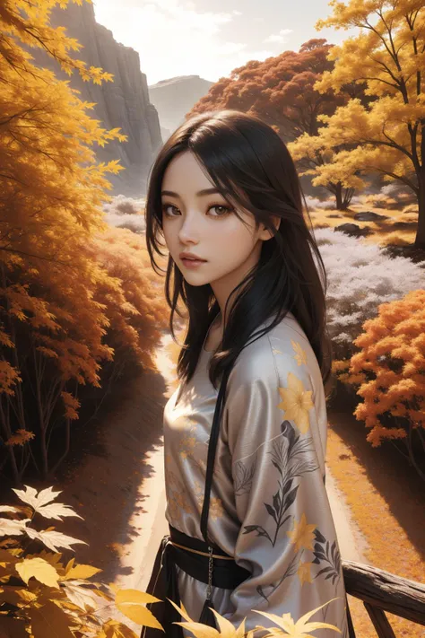 1girl, professional On pale black paper, intricate background, aerial shot of a Zany [Grumpy:Unsightly:12] ("Terra Nova":1.3) , simple Yellow and Silver background, autumn vegetation and flora, Winter, horizon-centered, scene art, (by Ueda Fumito:1.1) , Maximalist, Joyful, Minecraftcore, dramatic lighting, F/8, Infrared, Diorama, key visual, arthouse, unreal engine, woman