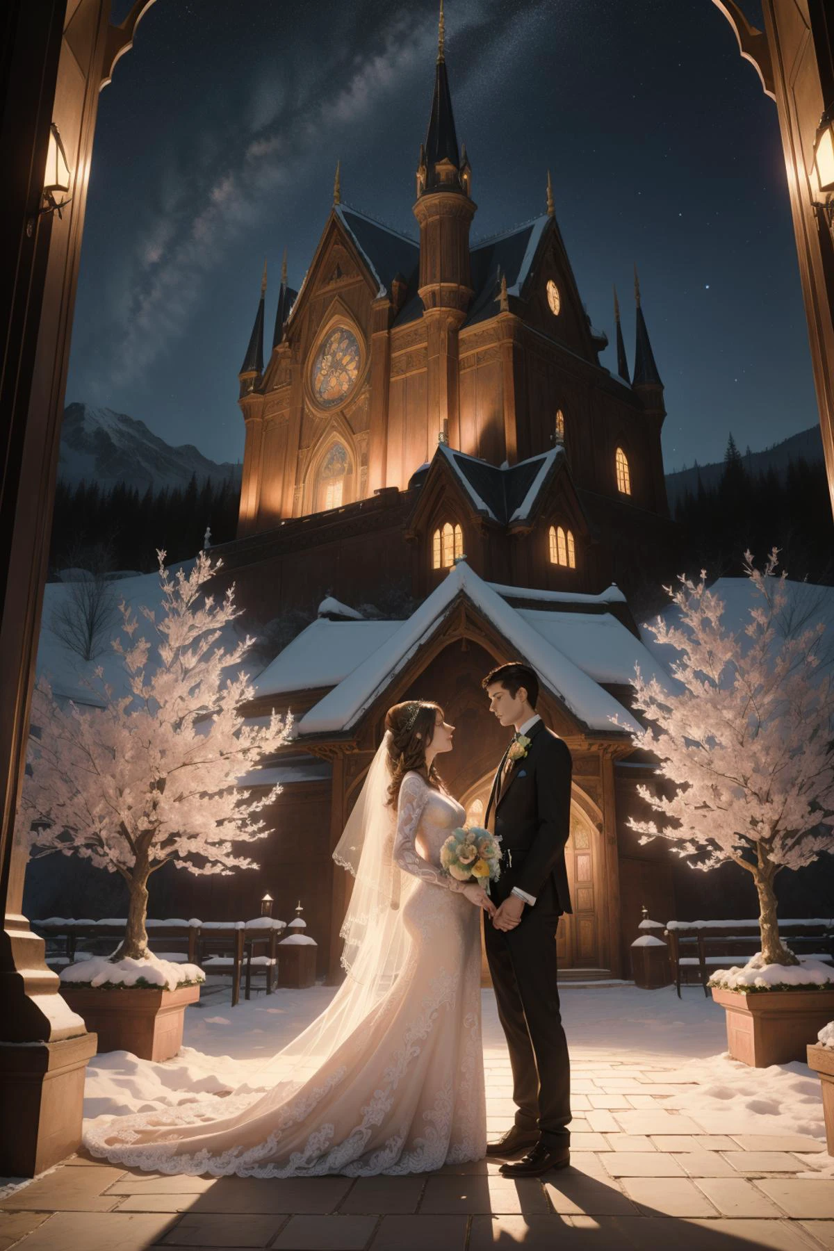 1girl, (by Marianne Breslauer:0.7) and (Stasia Burrington:1.0) and (Andrew Macara:0.9) , photography art, grand Concept art, intricate background, establishing shot of a Steelpunk Luminescent ("Apple Wedding":1.3) , Canis Minor constellation background, Bangladeshi mountains with Willow tree, Winter, Very wide view, Graphic novel, Disgusting, Victorian Gothic Art, dramatic lighting, 35mm, Polychromatic, multidimensional, made of Slate, 64K, wallpaper, photorealism