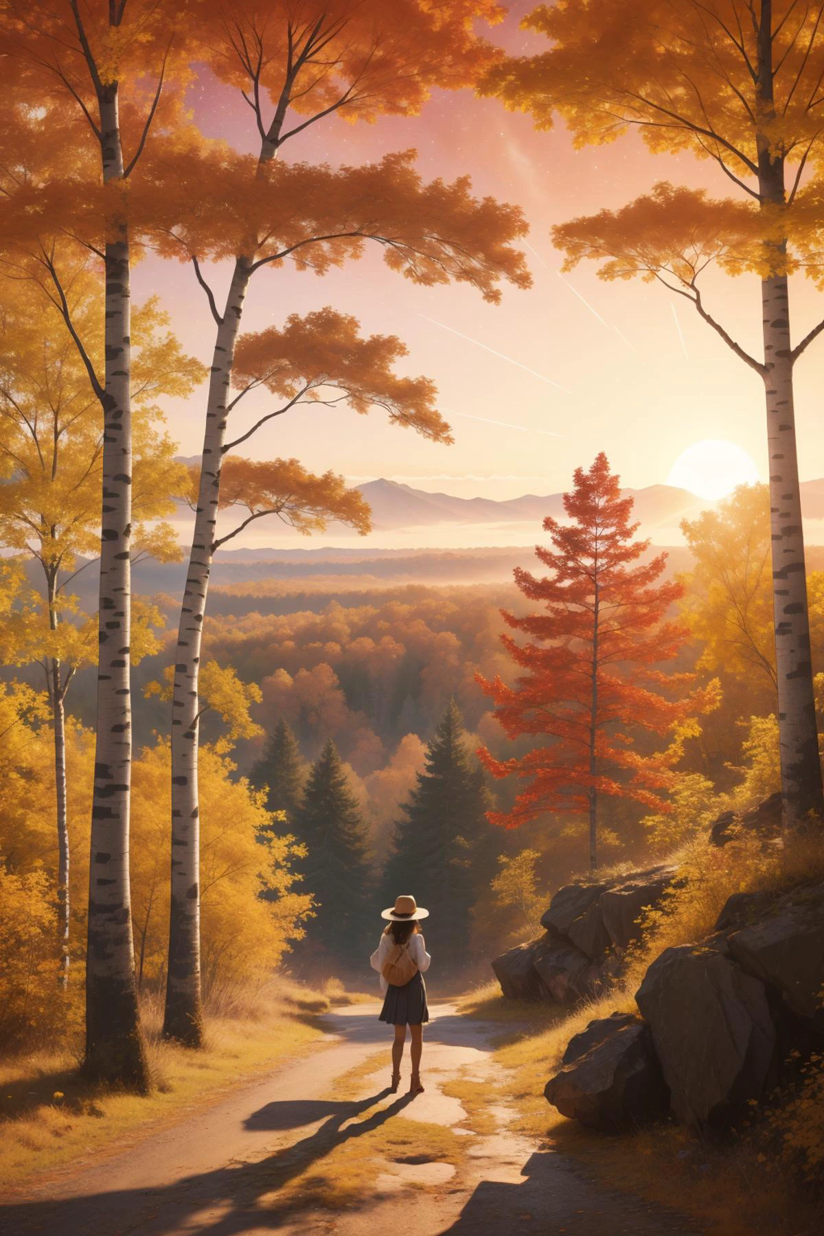 1girl, epic Color splash, Elegant, knee level shot of a Worn-Out [Imaginative|Gorgeous] ("Four Months Ago...":1.3) , Birch tree background, dense jungle and Milky Way in background, at Sunrise, horizon-centered, landscape art, (impressionism art by Henry Moret:0.9) , Cel shading, Dark, Terrorwave, Cold Lighting, F/1.8, Agfacolor, glimmering transformation, Dufaycolor Photograph, award winning, artstation