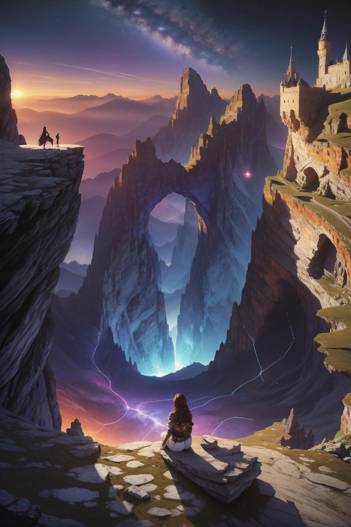 1girl, [ (scene art stylized by Charles Addams:0.7) and (Alex Timmermans:0.7) ::17], dramatic Shibori, Shinto lava pit and Andromeda constellation in background, concept art, Wizardcore Hesitant ([The Dolomites|Shopping mall]:1.3) in the distance there is a Castle, at Sunset, Lonely, by GLaDOS, back-light, L USM, Dichromatic, full of Space, caustics, HDR, trending on artstation, indigo or vibrant colors