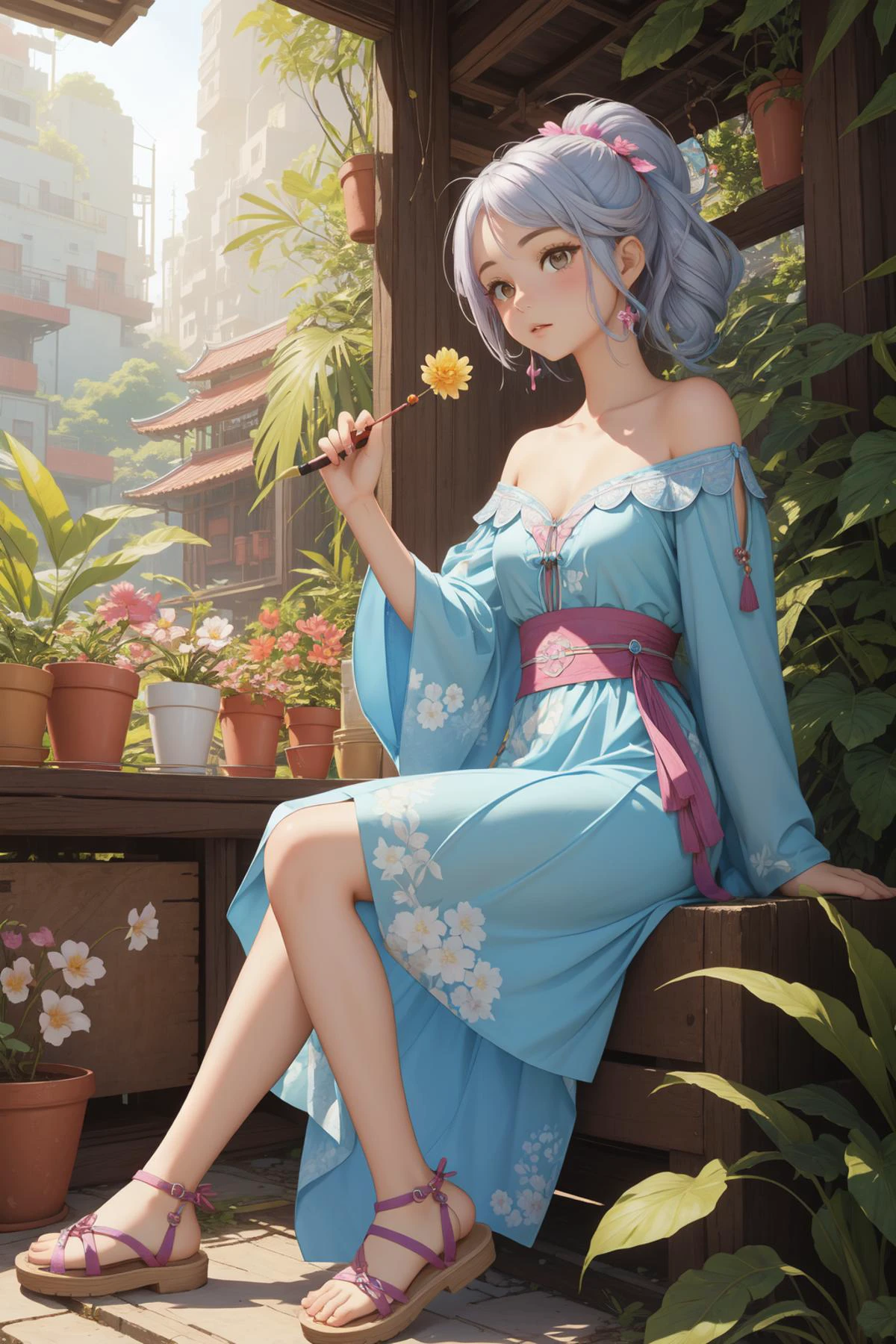1girl, epic VRay, intricate details, eye-level shot of a Supernatural Pure small Catalan (Girl:1.3) , she is inside a Tumbler, she is feeling very envious, the Girl is Hiking, the Girl is dressed in her Sensual Brocore fashion style Off-the-shoulder dress and sandals, the Girl has Platinum hair, the Girl has a [Unexpected:Abandoned:18] Industrial deep blue Cigarette, Magical Hair Ribbons, Kindhearted jungle with Flower Bulb, at Midday, split diopter, (stylized by Huang Guangjian:1.2) , Detailed illustration, Hopeless, Gouache Art, Light and shadow plays, F/2.8, complementary colors, (cherry blossom pink and fluorescent:0.7) , crisp lines, skin pores, natural skin tones, extremely beautiful, 8K