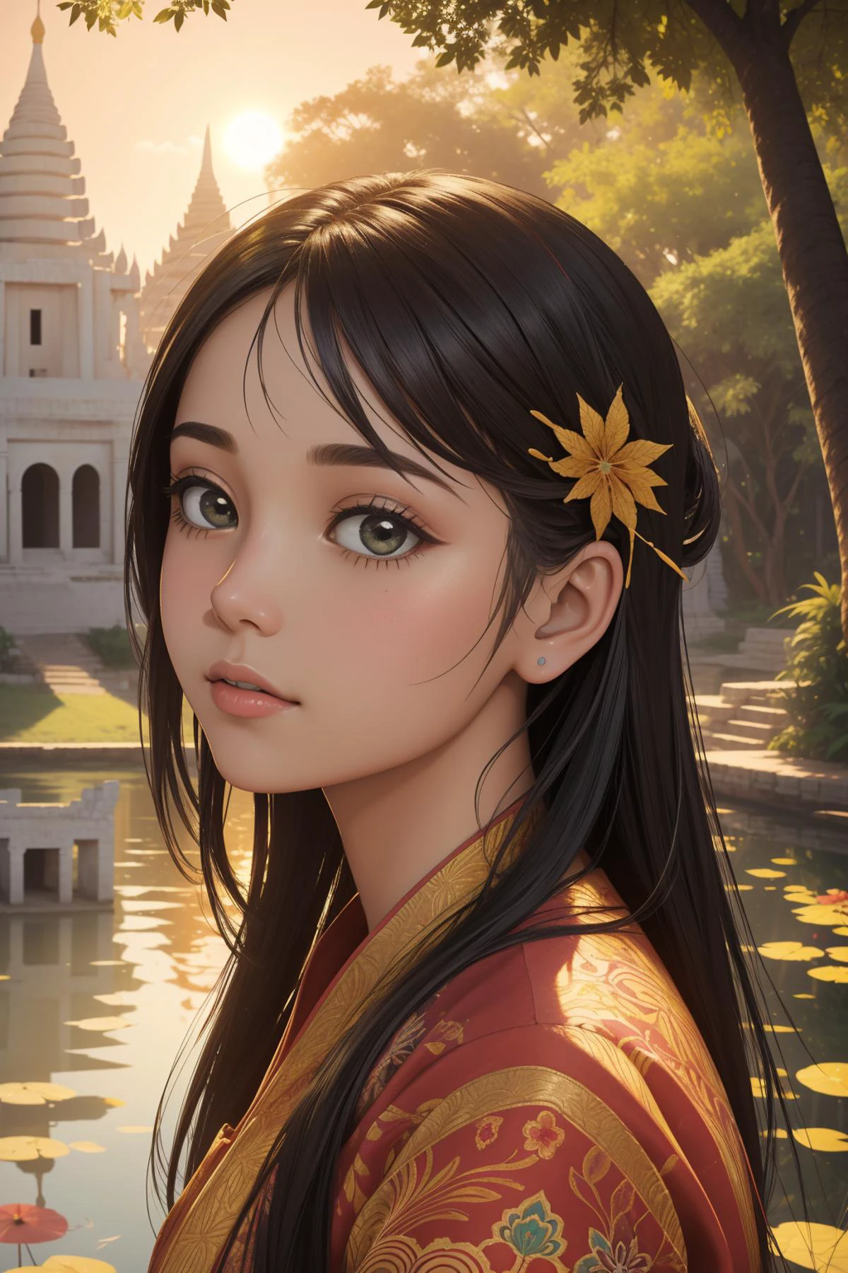 1girl, vibrant portrait, surreal, close up of a ([Yangon|Uxmal]:1.3) from inside of a Ghana, it is very Nutty and [Fruit-Flavored|Masculine], crowded pond and trees, at Golden hour, [ (portrait art by Dan Hillier:1.0) , (Amy Judd:1.1) ::8], Contemporary, Guilty, Nintencore, cinematic lighting, Zoom lens, Oversaturated, Complex background, key visual, octane engine, artstation, emotional