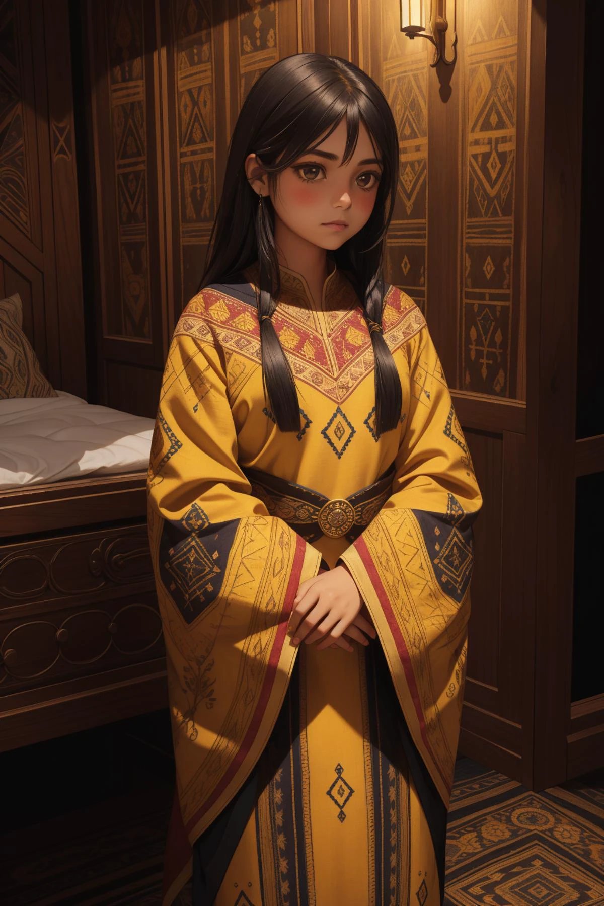 1girl, night shot of Disruptive Evil Inca ([Skateboard:poached:4]:1.2) , it is with Mustard embroidery, it is engraved with Silky and Otherworldly patterns, Dark, lit, moody, mysterious
