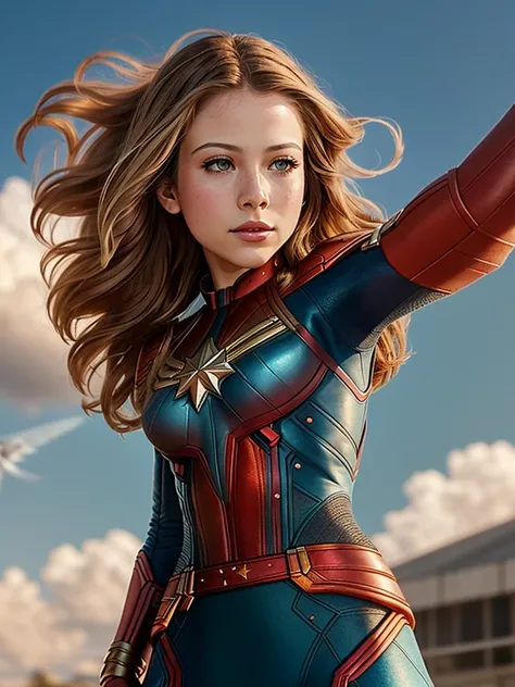 ((realism)), extremely high quality RAW photograph, detailed background, intricate, Exquisite details and textures, highly detailed, (((full body photo))) of Michelle Trachtenberg is Captain Marvel, (((flying:1.2))), ((hair blowing in wind)), (((looking away from camera))), ultra detailed photograph, warm lighting, artstation, 4k, sharp focus, high resolution, detailed skin, detailed eyes, 8k uhd, dslr, low harsh lighting, high quality, film grain, Fujifilm XT3,