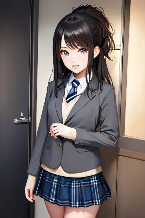 (masterpiece, best quality:1.2), <lyco:idolmaster_kazano-10:1.0>, cowboy shot, solo, 1girl, kazano hiori, smile, looking at viewer, ponytail, school uniform, grey jacket, striped necktie, long sleeves, blue skirt, plaid skirt