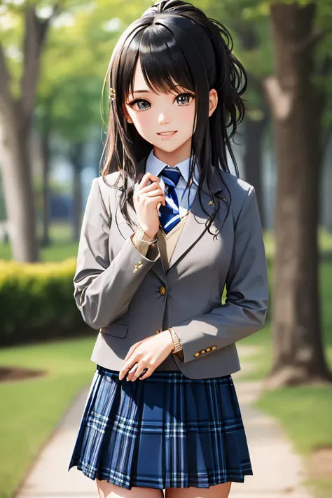 (masterpiece, best quality:1.2), <lyco:idolmaster_kazano-10:1.0>, cowboy shot, solo, 1girl, kazano hiori, smile, looking at viewer, ponytail, school uniform, grey jacket, striped necktie, long sleeves, blue skirt, plaid skirt