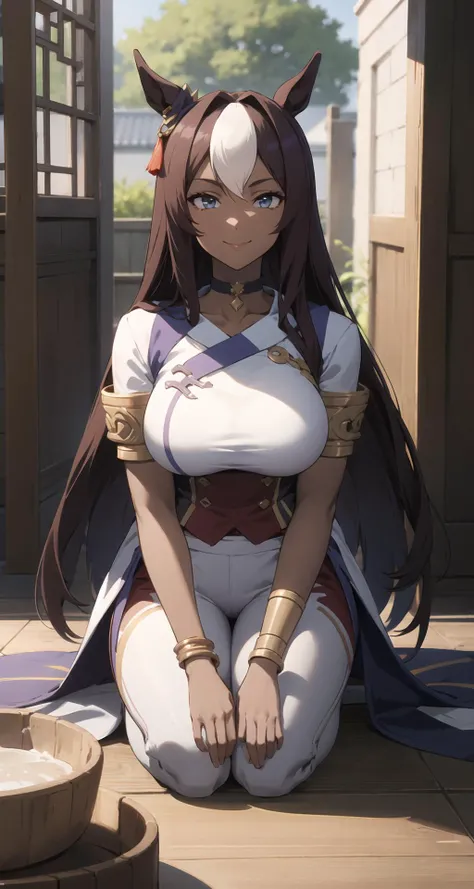 Top image quality、Top image quality、ultra-detailliert、masterpiece、masutepiece、8K、ultra-detailliert、detaileds、intricate detailes、 1girl in、1girl in、独奏、A dark-haired、length hair、bluntbangs、grey eyes、red blush、off shoulders、collars、耳Nipple Ring、masutepiece, Best Quality), Intricate details, 1girl in, 1girl in, Solo, Black hair, Long hair, Blunt bangs, grey eyes, blush, Collar, earrings、Beautiful fece、Deities々Right、Beautuful Women、Beautie、Exposed shoulders、White costume、is standing、Fantasy World、A detailed face、large full breasts、Lustrous skin、barechested、barechested