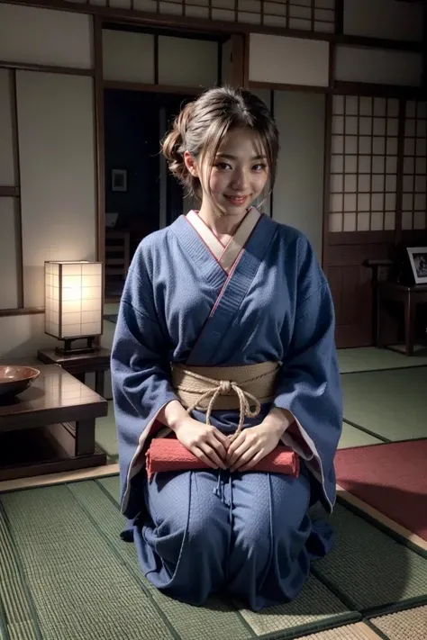 (realistic:1.3), finely detailed, quality, rembrandt lighting, (masterpiece:1.2), (photorealistic:1.2), (best quality), (detailed skin:1.3), (intricate details), dramatic, ray tracing, 1girl, japanese girl, 21 years old, detailed skin texture, (blush:0.5), (goosebumps:0.5), subsurface scattering, smiling, medium breasts, short hair curls, bangs, hair between eyes, seiza, kneeling, leaning forward, high angle shot, (indoors, tatami room, japanese classical room), <lora:Concept_Seiza-LookingUp:1>