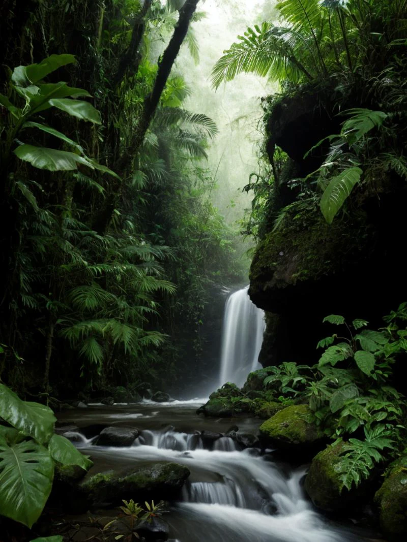 1980s \(style\),Fine art photography, (amateur photo) of a jungle ,river, (flowers:0.2),extremely detailed, stream,(waterfall:0.1),(shrouded in mist:0.4),