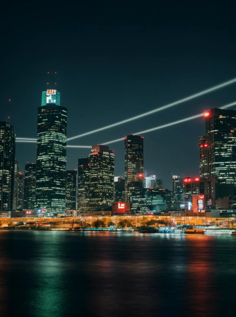 (Long exposure photo:1.2), (LUT:1.2), skyline of a city, Spring cyberpunk,