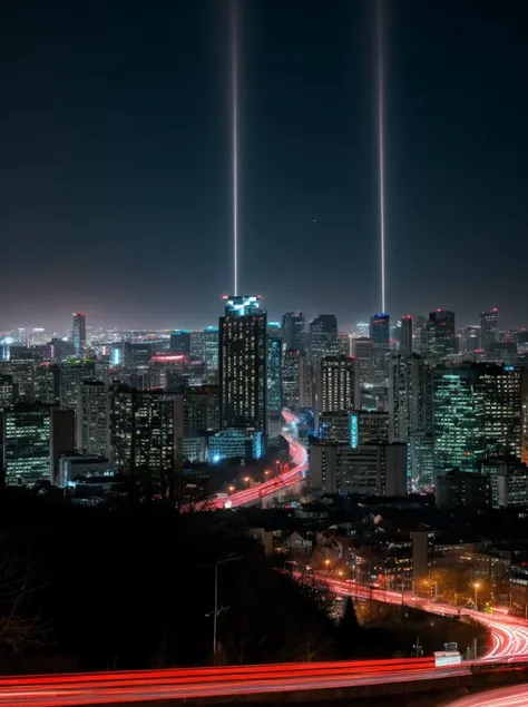 (Long exposure photo:1.2), (LUT:1.2), skyline of a city, Spring cyberpunk,