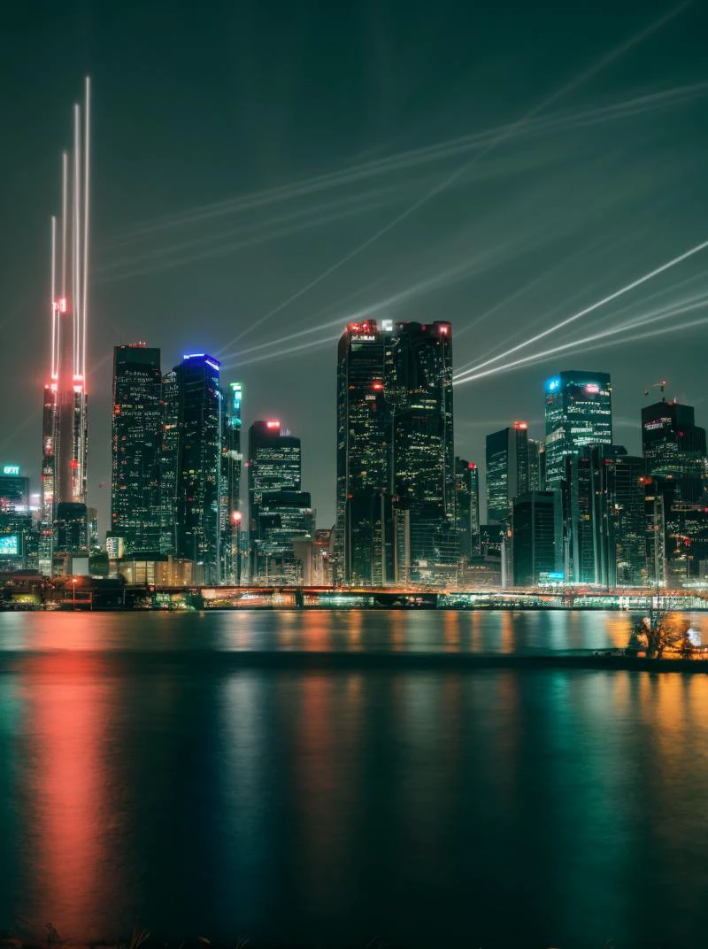 (Long exposure photo:1.2), (LUT:1.2), skyline of a city, Spring cyberpunk,