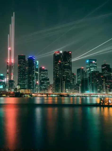 (Long exposure photo:1.2), (LUT:1.2), skyline of a city, Spring cyberpunk,