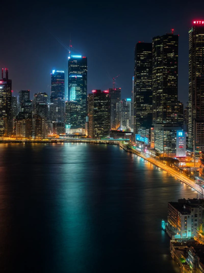 (Long exposure photo:1.2), (LUT:1.2), skyline of a city, Spring cyberpunk,