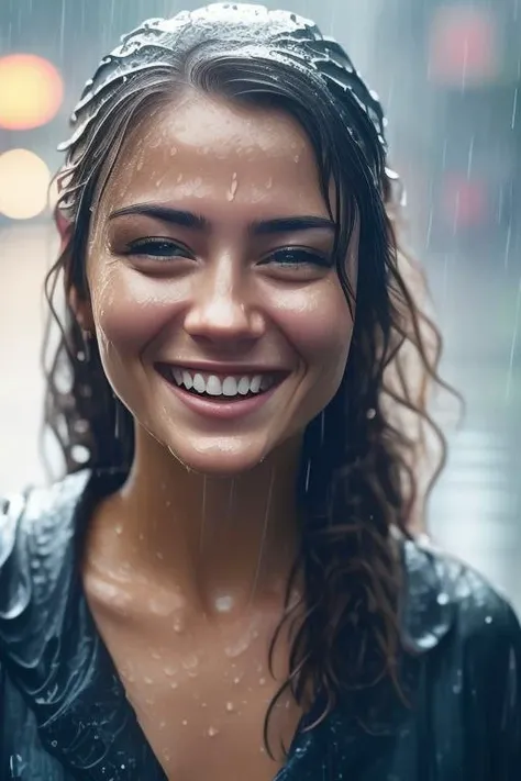 Masterpiece, best quality, sharp focus. Medium shot. Photo of a beautiful girl smiling. in the rain Hyper realistic, fine details, detailed skin texture. <lora:rainface:1.0>