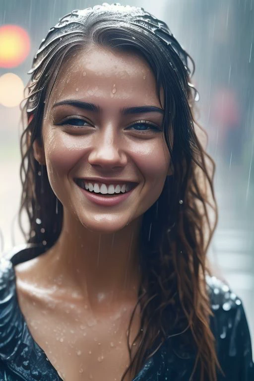 Masterpiece, best quality, sharp focus. Medium shot. Photo of a beautiful girl smiling. in the rain Hyper realistic, fine details, detailed skin texture. <lora:rainface:0.9>