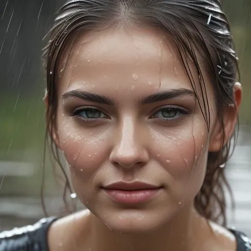 portrait photo of a beautiful womans face in the rain. <lora:rainface:0.5>