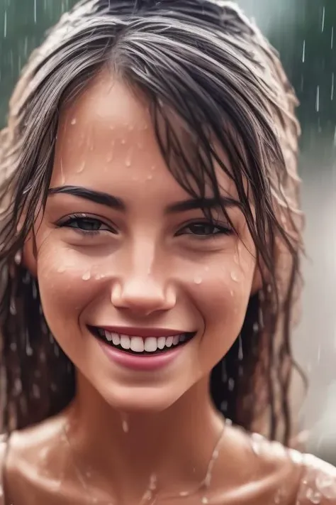 Masterpiece, best quality, sharp focus. Medium shot. Photo of a beautiful girl smiling. in the rain. ultra realistic, fine details, detailed skin texture. <lora:rainface:0.8>