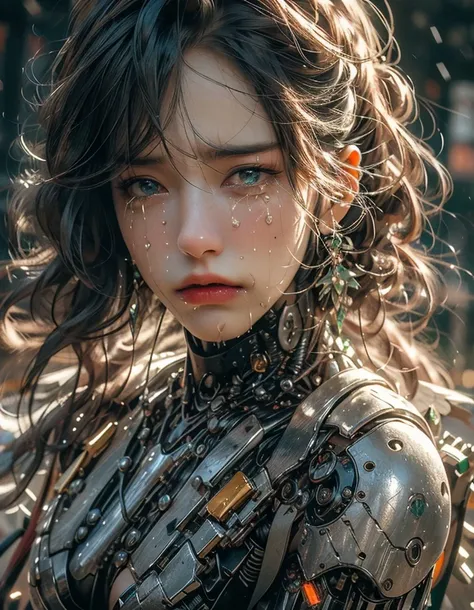 (dramatic, gritty, intense:1.6),masterpiece, best quality, 32k uhd, insane details, intricate details, hyperdetailed, hyper quality, high detail, ultra detailed, Masterpiece,
An angel-faced female robot, Have tears in one's eyes, wailcryChinese punk, in the style of meticulous realism, 32k uhd, high quality photo, light amber and emerald
 <lora:~Q?-Tlg:ZCrying machine:0.9>