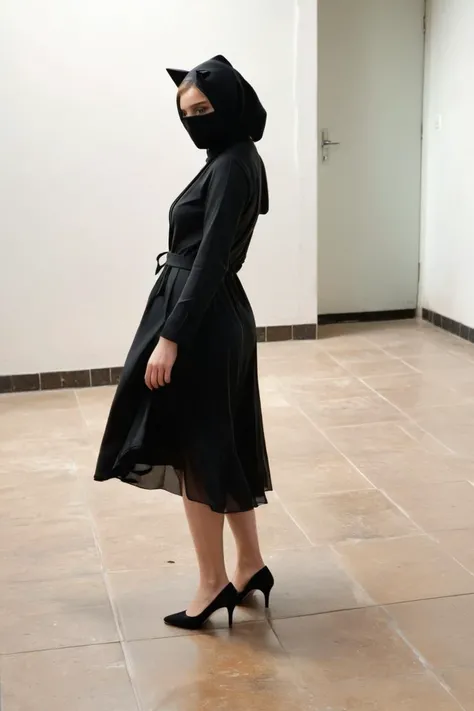 <lora:D4phneFrench:1>,young adult woman,
backless dress ,
kitten heels,(burka:0.8),tie clip,,
(tile floor:1.2),shivering, cold