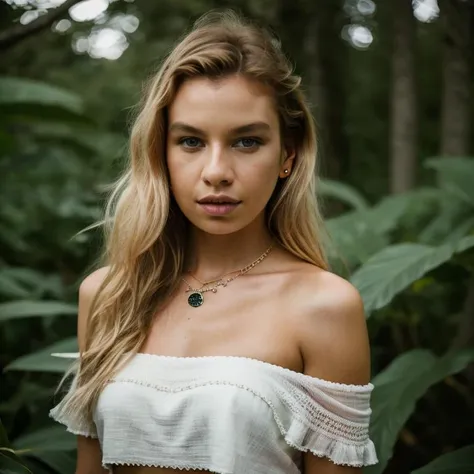 <lora:st3ll4m4x:1>, Realistic photo of a beautiful st3ll4m4x woman, 1girl, solo, long hair, looking at viewer, blue eyes, blonde hair, navel, bare shoulders, jewelry, upper body, earrings, pointy ears, midriff, necklace, off shoulder, blurry, bracelet, lips, blurry background, realistic, soft lighting, professional Photography, Photorealistic, detailed, RAW, analog, sharp focus, 8k, HD, DSLR, high quality, Fujifilm XT3, film grain, award winning, masterpiece