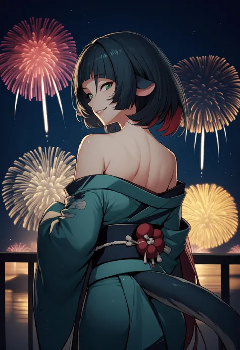 score_9, score_8_up, score_7_up, source_anime, <break> from behind, solo, 1girl, j4ne d0e, tail, smile, looking back, two-tone hair, black hair, red hair, blunt bangs, animal ears, green eyes, japanese clothes, green kimono, off shoulder, black sash, bare shoulders, fireworks
<segment:yolo-face_yolov8m.pt,0.4,0.5//cid=1>