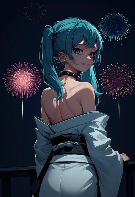 score_9, score_8_up, score_7_up, source_anime, <break> from behind, solo, 1girl, sadgirlmiku, ear piercing, lip piercing, smile, closed mouth, looking back, aqua hair, twintails, blue eyes, japanese clothes, white kimono, off shoulder, black sash, spikes, spiked collar, bare shoulders, fireworks
<segment:yolo-face_yolov8m.pt,0.4,0.5//cid=1>