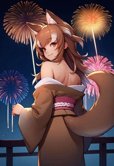 score_9, score_8_up, score_7_up, source_anime, <break> from behind, solo, 1girl, japan3sew0lf, wolf tail, smile, looking back, long hair, two-tone hair, brown hair, white hair, animal ears, animal ear fluff, brown eyes, japanese clothes, brown kimono, off shoulder, pink sash, bare shoulders, fireworks
<segment:yolo-face_yolov8m.pt,0.4,0.5//cid=1>