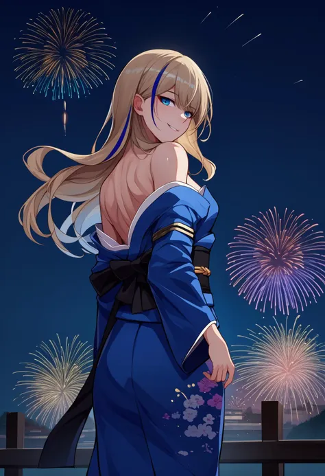 score_9, score_8_up, score_7_up, source_anime, <break> from behind, solo, 1girl, s3rvall4ndau, smile, looking back, long hair, streaked hair, blonde hair, blue hair, blue eyes, japanese clothes, blue kimono, off shoulder, black sash, bare shoulders, fireworks
<segment:yolo-face_yolov8m.pt,0.4,0.5//cid=1>