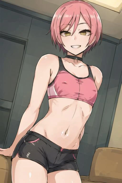 masterpiece, best quality, detailed face, detailed eyes, <lora:HUAsh:0.5>, pink hair, yellow eyes, black choker, sports bra, 1boy, HUAsh, grin, leather shorts, short shorts, sports bra, indoors, (bulge), living room, flat chest, <lora:cts_a3:0.4>
