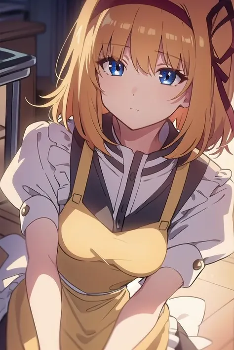 kaedefuyou, <lora:kaedefuyoutest:1>,
kaede fuyou, short hair, orange hair, hair ribbon, hairband, blue eyes,
BREAK dress, short sleeves, puffy sleeves, (apron:1.5), puffy short sleeves,
BREAK looking at viewer,
BREAK indoors, classroom,
BREAK <lora:GoodHands-vanilla:1>, (masterpiece:1.2), best quality, high resolution, unity 8k wallpaper, (illustration:0.8), (beautiful detailed eyes:1.6), extremely detailed face, perfect lighting, extremely detailed CG, (perfect hands, perfect anatomy),