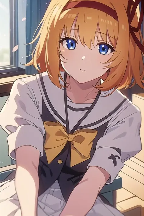 kaedefuyou, <lora:kaedefuyoutest:1>,
kaede fuyou, short hair, orange hair, hair ribbon, hairband, blue eyes,
BREAK skirt, bow, ribbon, school uniform, short sleeves, pleated skirt, serafuku, socks, puffy sleeves, bowtie, puffy short sleeves, black socks, yellow bow, yellow bowtie,
BREAK looking at viewer,
BREAK indoors, classroom,
BREAK <lora:GoodHands-vanilla:1>, (masterpiece:1.2), best quality, high resolution, unity 8k wallpaper, (illustration:0.8), (beautiful detailed eyes:1.6), extremely detailed face, perfect lighting, extremely detailed CG, (perfect hands, perfect anatomy),