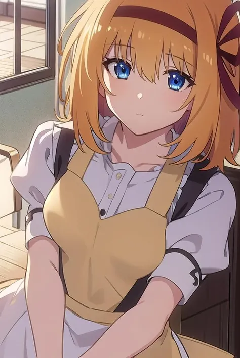 kaedefuyou, <lora:kaedefuyoutest:1>,
kaede fuyou, short hair, orange hair, hair ribbon, hairband, blue eyes,
BREAK dress, short sleeves, puffy sleeves, (apron:1.5), puffy short sleeves,
BREAK looking at viewer,
BREAK indoors, classroom, 
BREAK <lora:GoodHands-vanilla:1>, (masterpiece:1.2), best quality, high resolution, unity 8k wallpaper, (illustration:0.8), (beautiful detailed eyes:1.6), extremely detailed face, perfect lighting, extremely detailed CG, (perfect hands, perfect anatomy),
