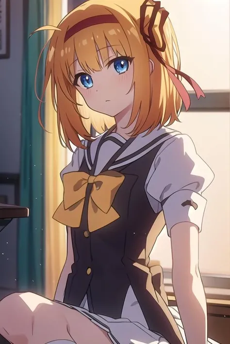 kaedefuyou, <lora:kaedefuyoutest:1>,
kaede fuyou, short hair, orange hair, hair ribbon, hairband, blue eyes,
BREAK skirt, bow, ribbon, school uniform, short sleeves, pleated skirt, serafuku, socks, puffy sleeves, bowtie, puffy short sleeves, black socks, yellow bow, yellow bowtie,
BREAK looking at viewer,
BREAK indoors, classroom, 
BREAK <lora:GoodHands-vanilla:1>, (masterpiece:1.2), best quality, high resolution, unity 8k wallpaper, (illustration:0.8), (beautiful detailed eyes:1.6), extremely detailed face, perfect lighting, extremely detailed CG, (perfect hands, perfect anatomy),